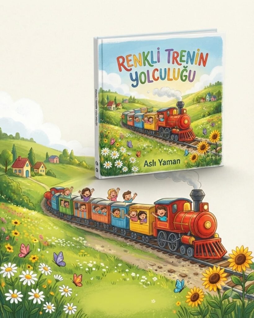 Renkli Trenin Yolculuğu — Aslı Yaman, 3-6 yaş Macera çocuk kitabı kapak illüstrasyonu